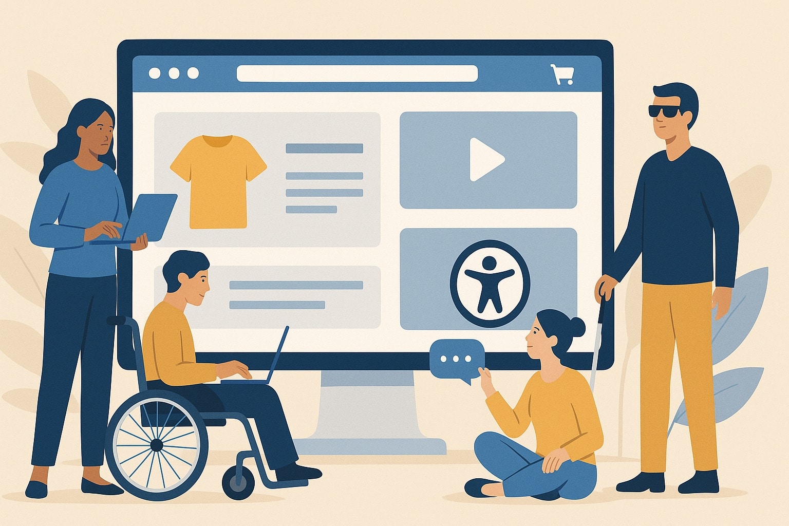 Illustrazione di un sito e-commerce con elementi accessibili e persone con disabilità.