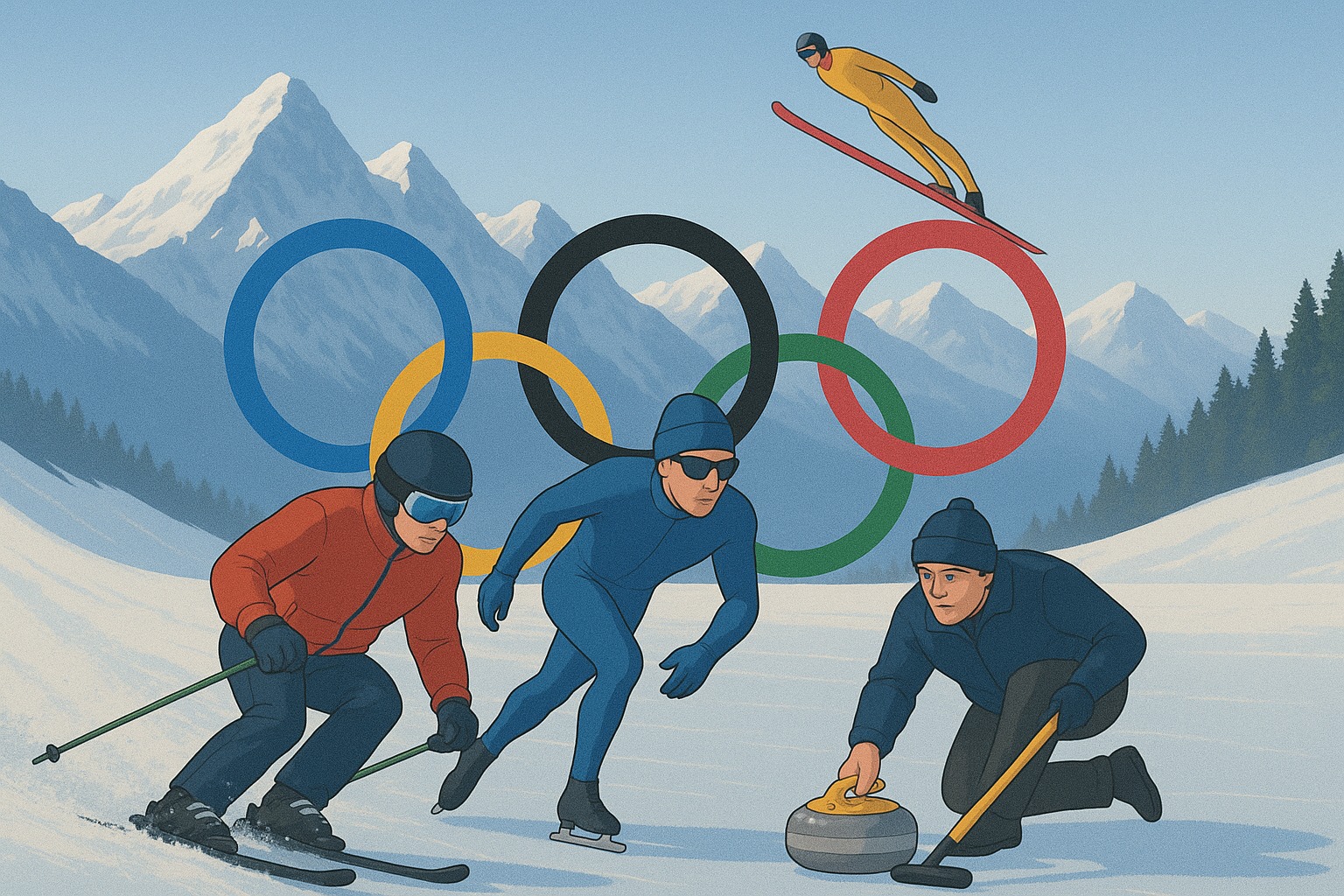 Immagine che rappresenta sport invernali (sci, pattinaggio, curling) in un paesaggio montano